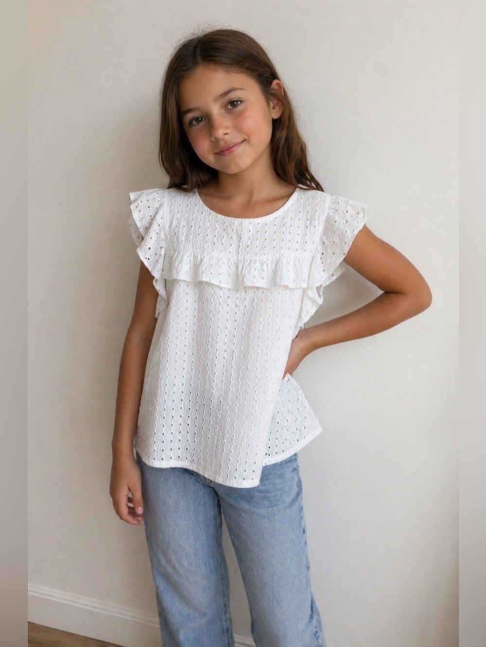 Jacadi Paris White Eyelet Blouse Size 10 (140 cm) | 100% Cotton | Girls